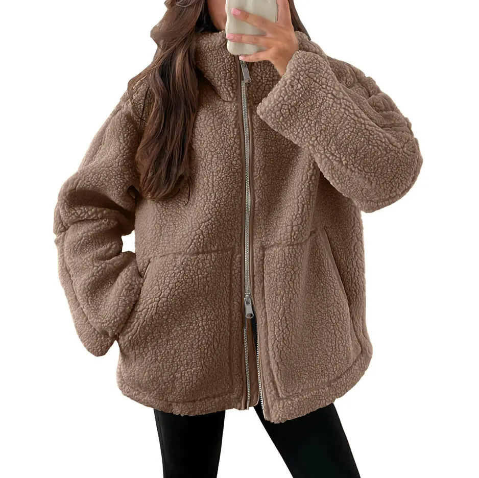 Wool Blend Lapel Zip Coat with Pockets