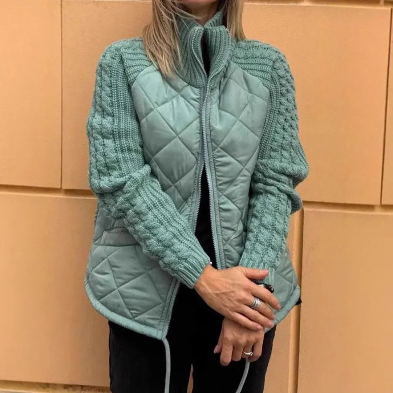 Stand Collar Zip Jacket with Knit Panels