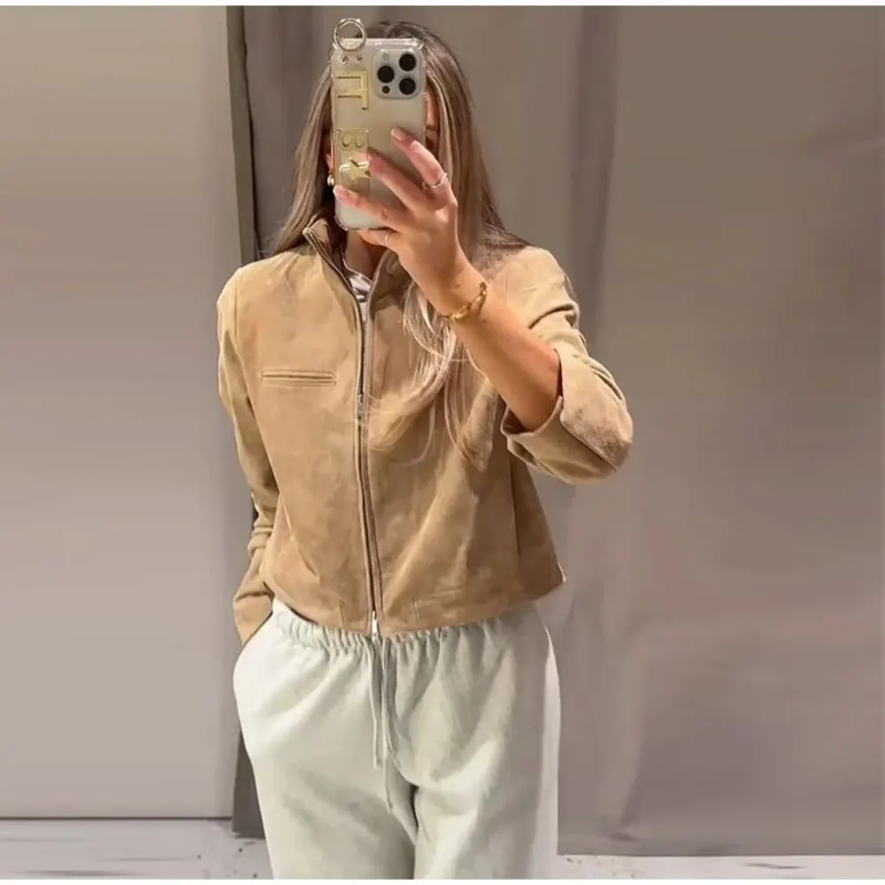 Cropped Suede Zip Jacket with Stand Collar