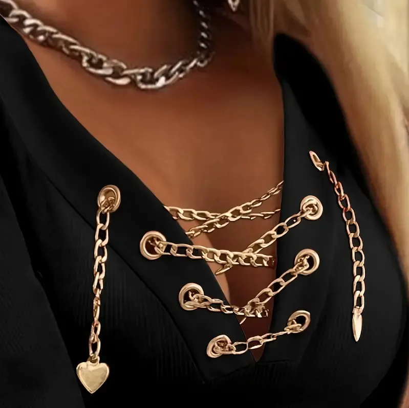 Chain-Trim V-Neck Long Sleeve Top