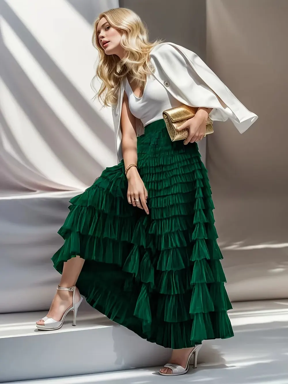 Layered Ruffle Mesh Long Skirt