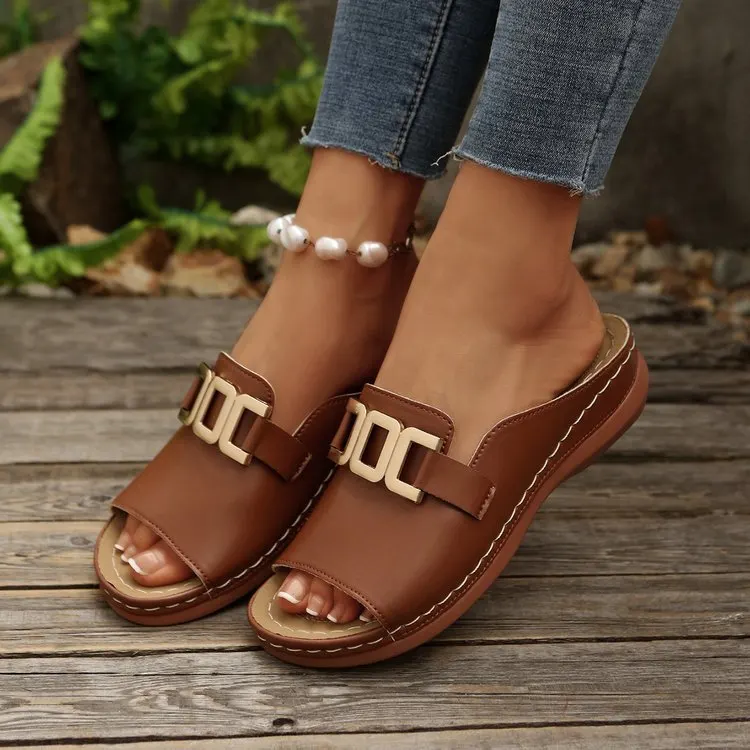 Chain-Trim Peep-Toe Platform Wedge