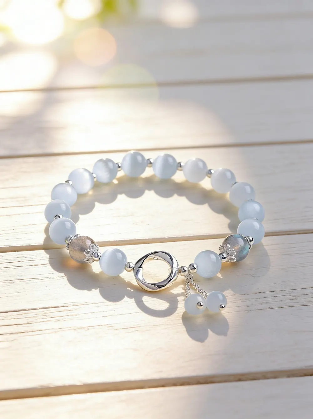 Cat Eye Bead Bracelet with Silver Tone Clasp