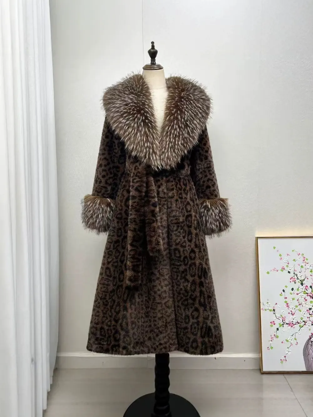 Waist-Cinching Faux Fur Long Coat