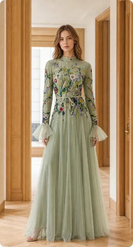 Green Net Patchwork Round-Neck Dress