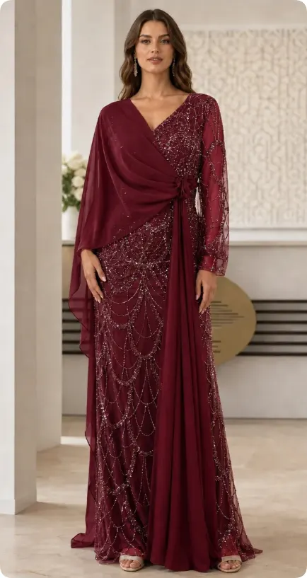 Wine Red Lace High-Waisted Gown