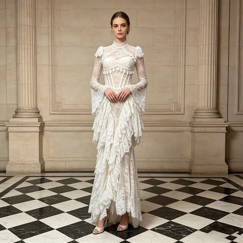 Lace Bell-Sleeve High-Waist Long Dress