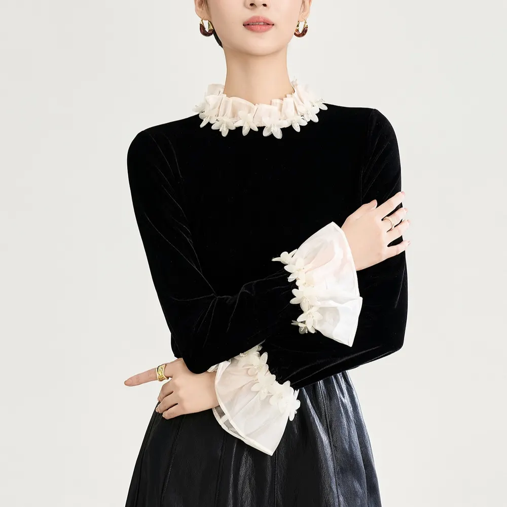 Embossed Velvet Lace Collar Shirt