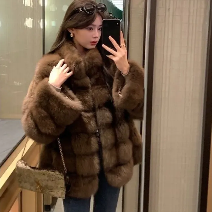 Plush Faux Fur Coat with Collar