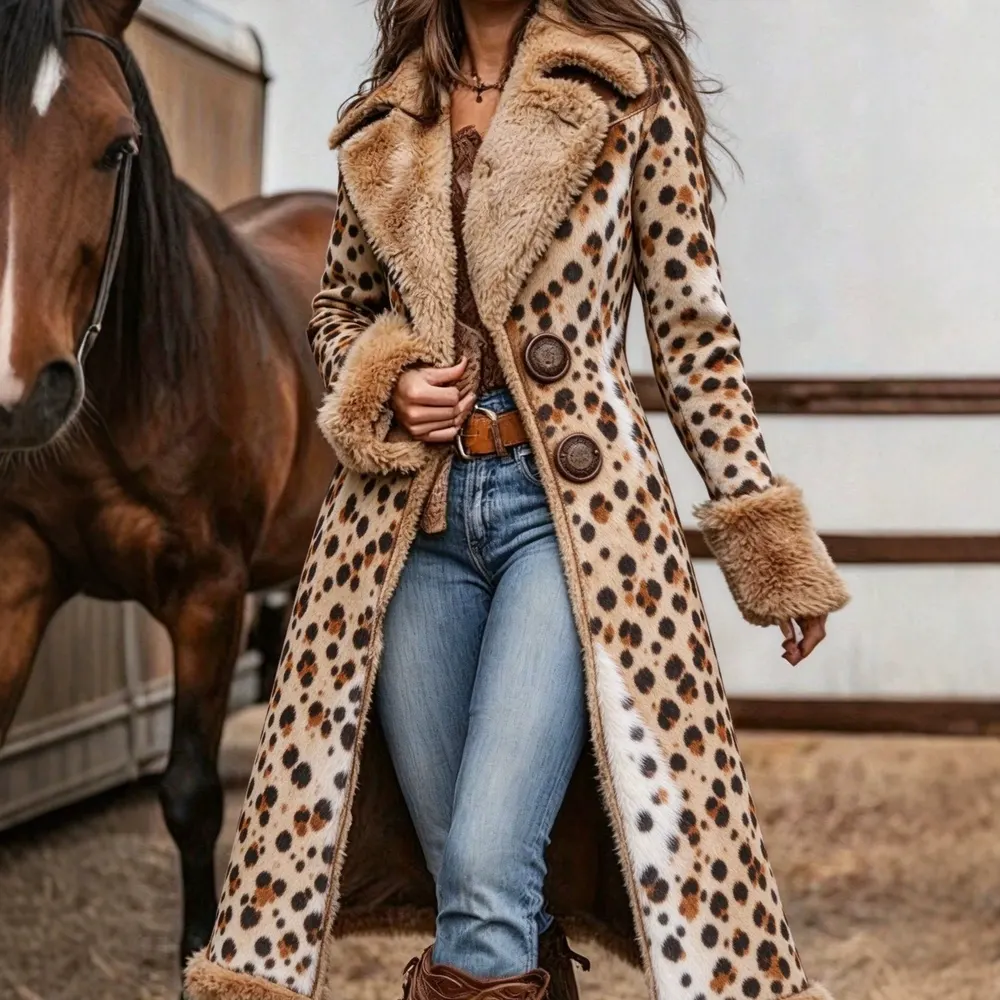 Leopard Print Plush Lapel Long Trench Coat