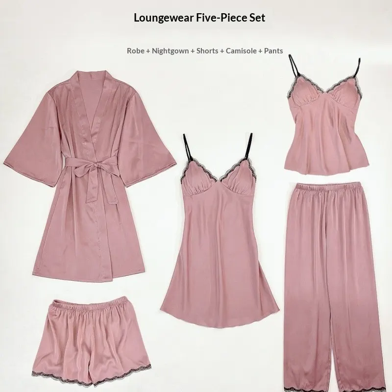 Ice Silk Five-Piece Camisole Nightgown Set