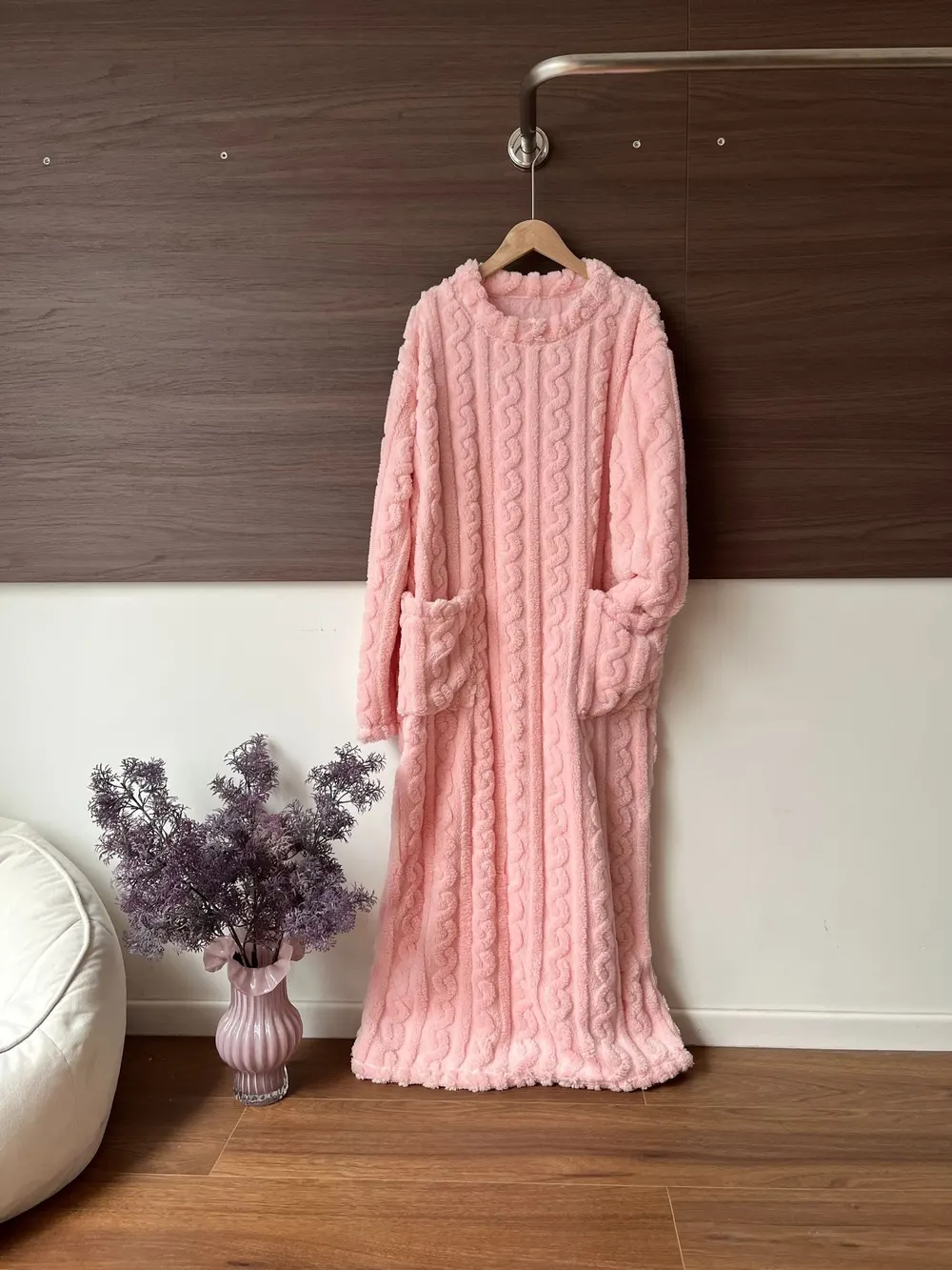 Coral Fleece Long Nightgown with Pockets