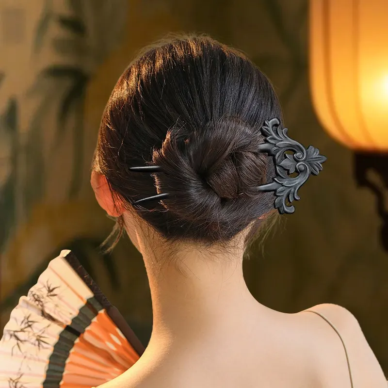 Ebony Double-Prong Carved Hair Pin