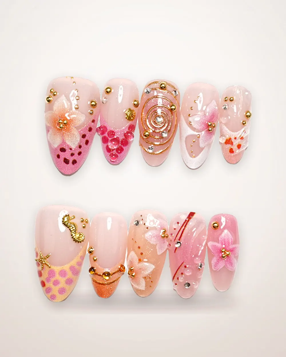 30-Piece 3D Gold Foil Almond Press-On Nails