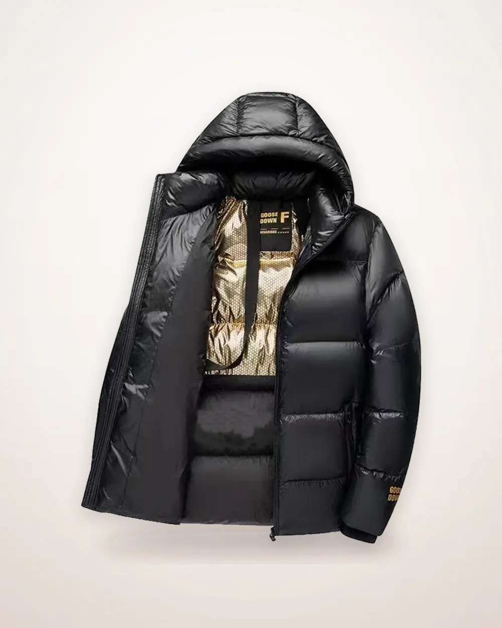 Quilted Down Puffer Jacket in Black and Gold