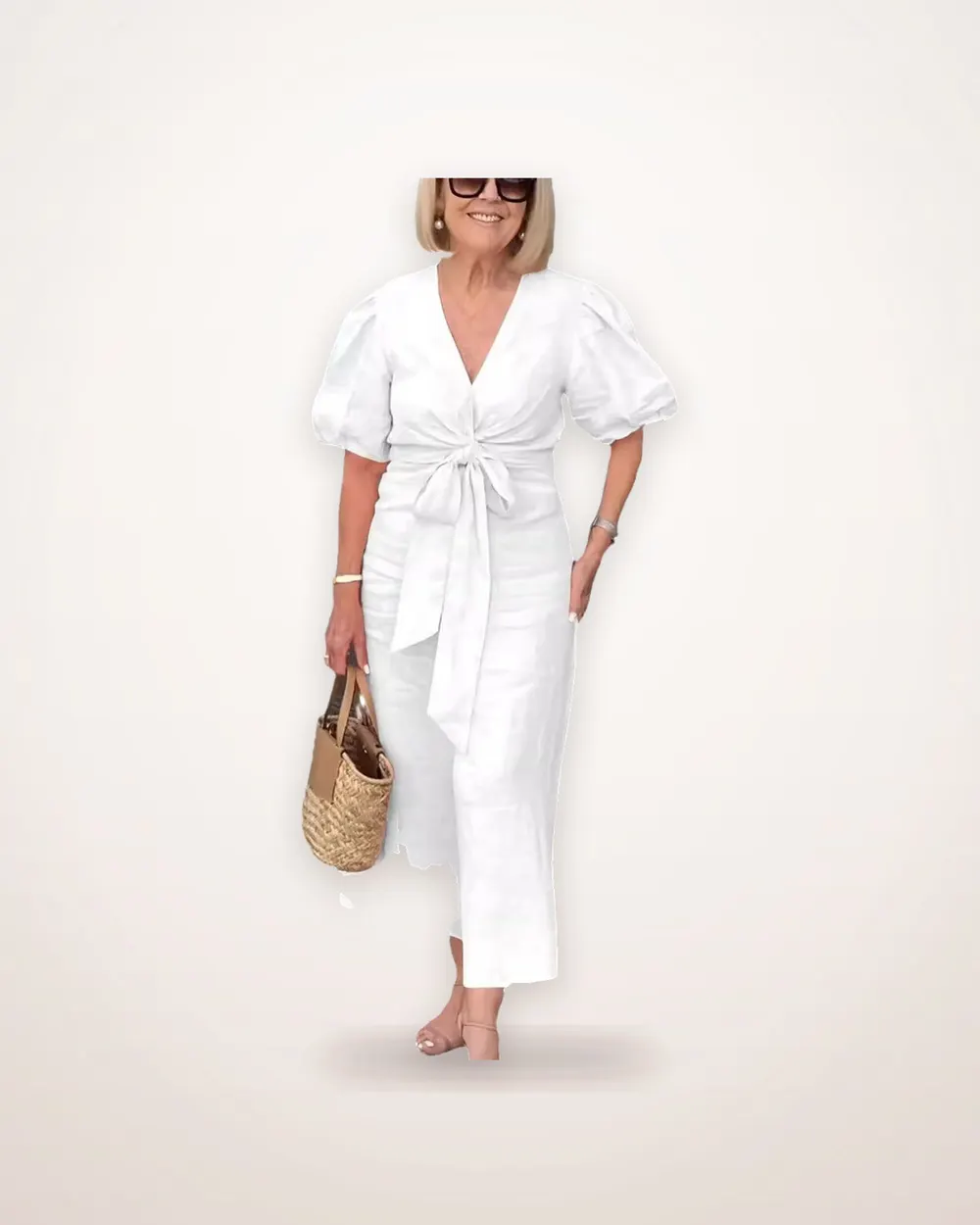 V-Neck Tie Puff Sleeve Cotton Dress