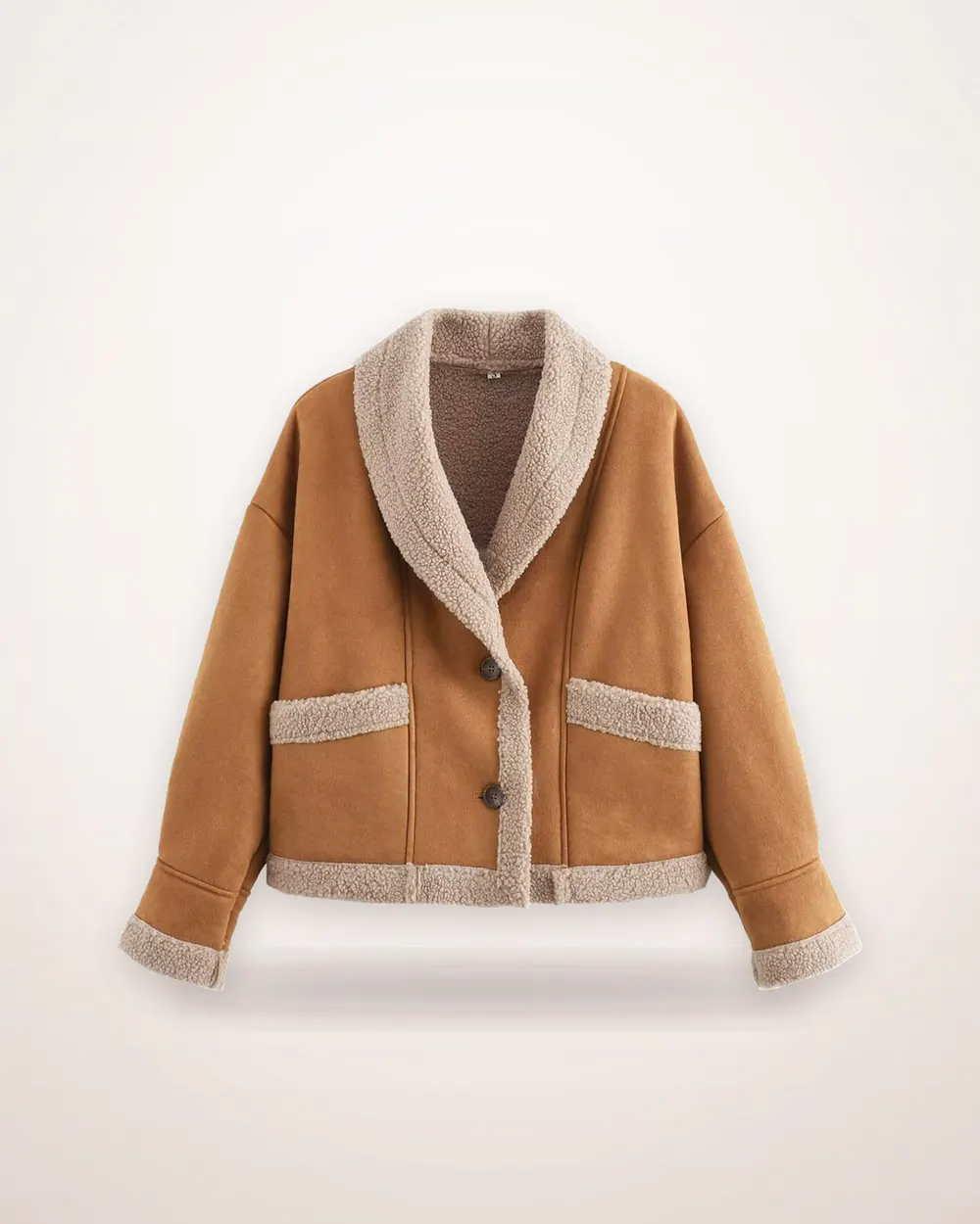 Suede-Effect Short Coat with Fur Collar