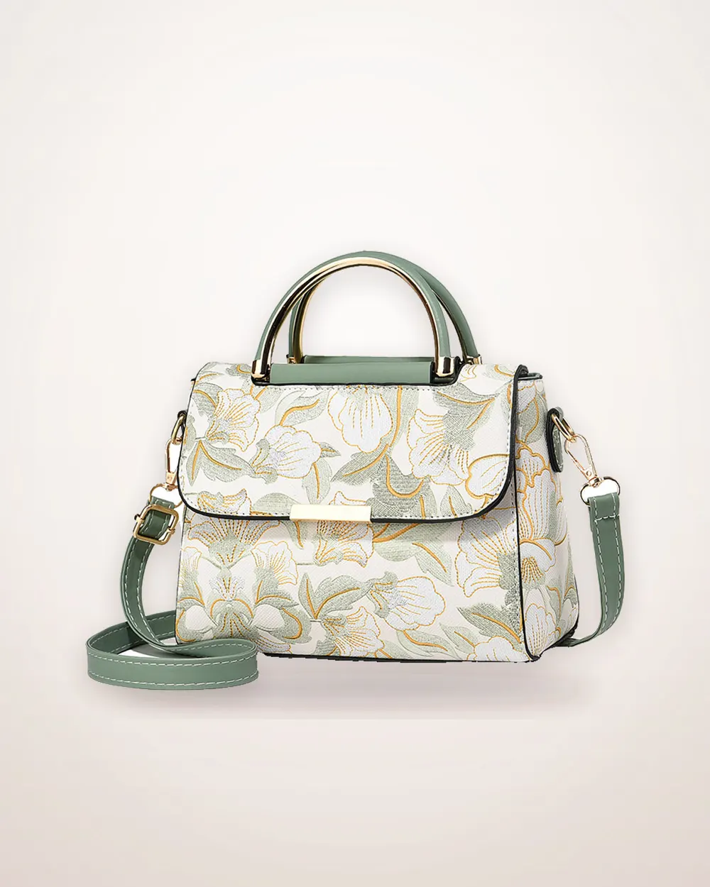 Contrast-Stitch Printed Shoulder Bag