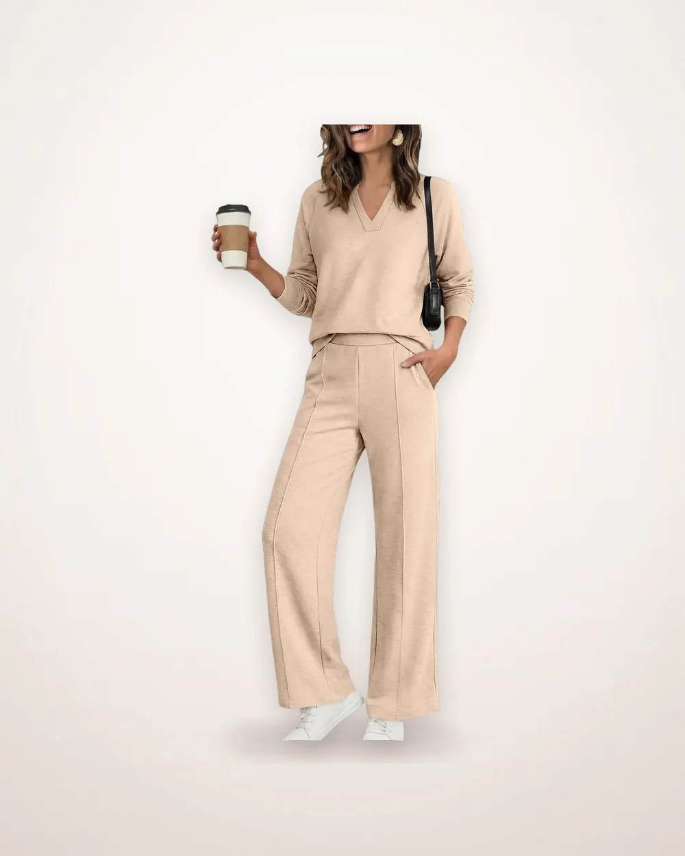 Solid Color V-Neck Sweatshirt and Trousers Set