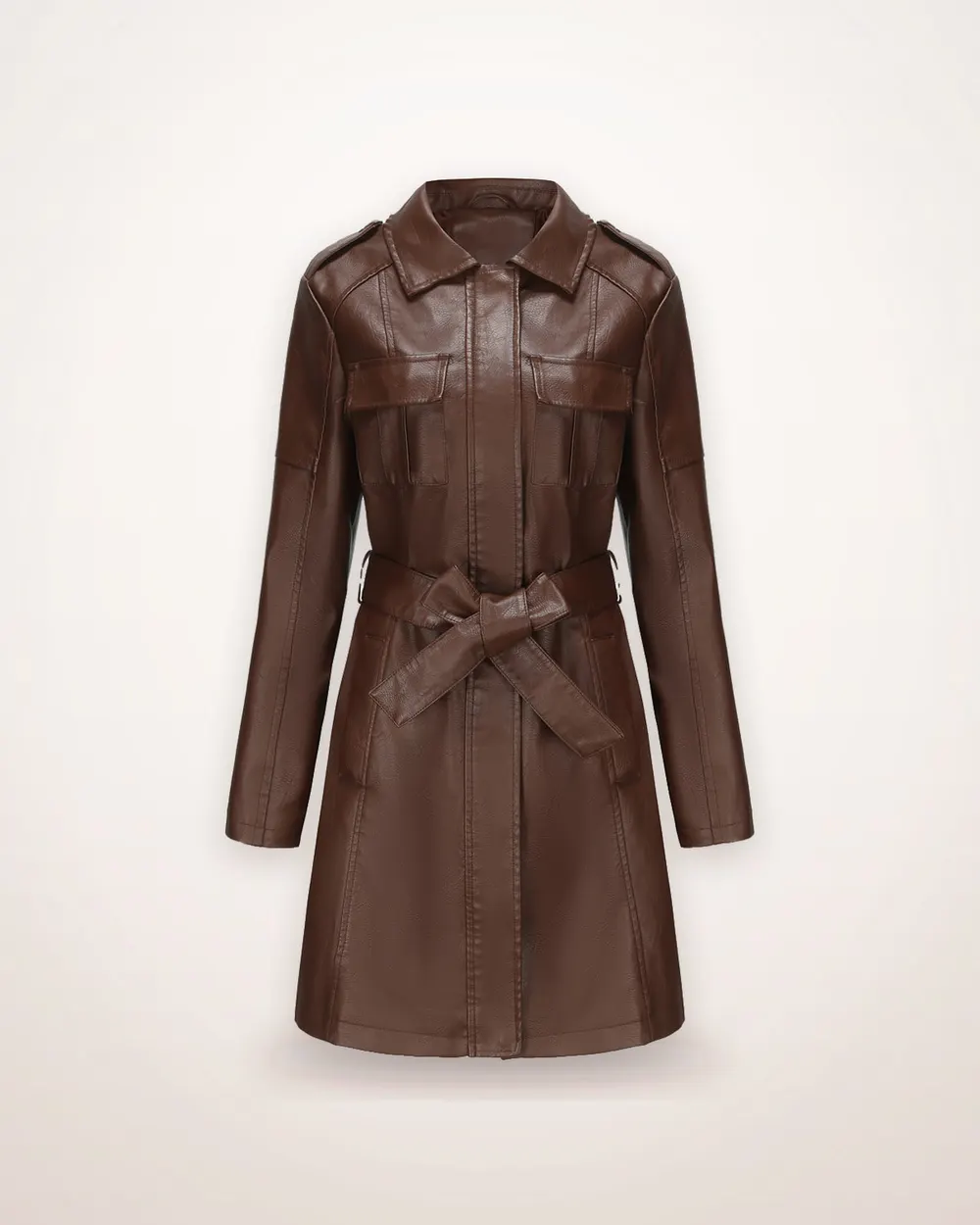 Belted Faux Leather Mid-Length Coat