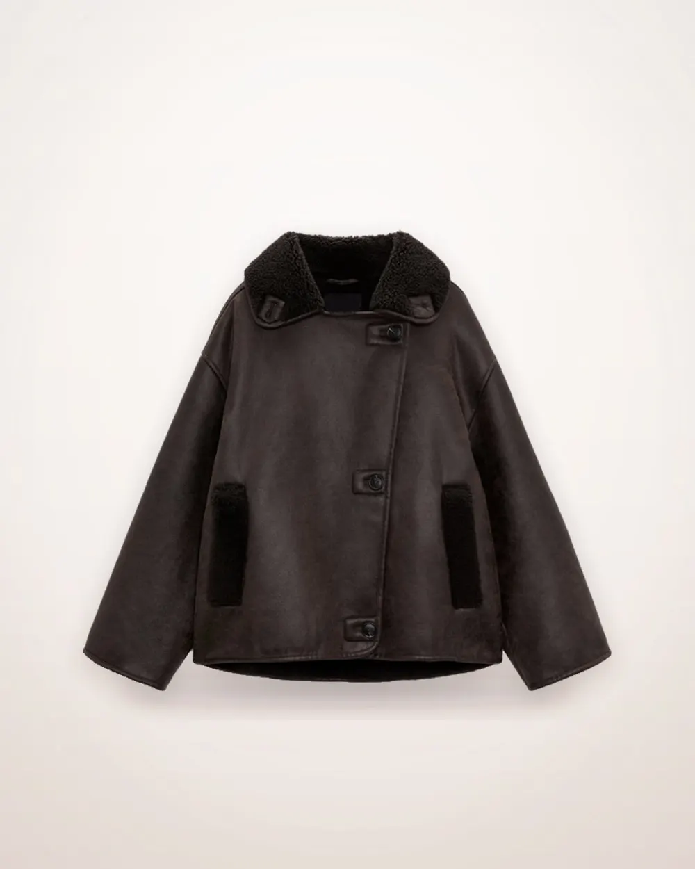 Faux Leather Double-Breasted Long Coat