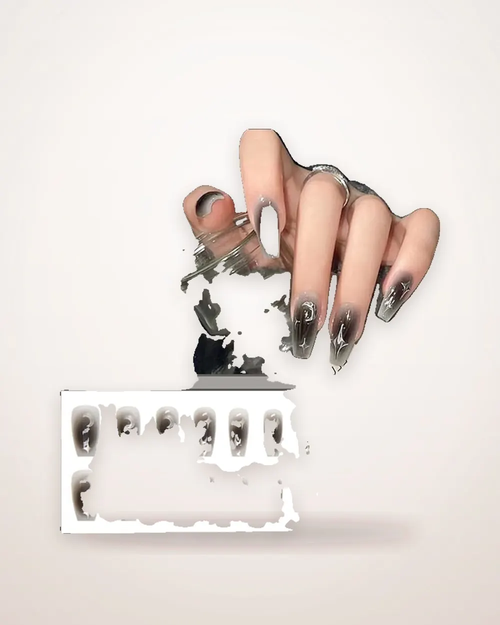 Long Square Black and Silver Star Press-On Nails