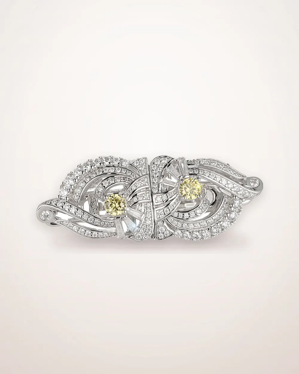 Goose Yellow Gem Double-Clip Silver Brooch