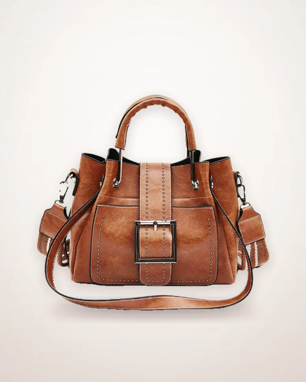 Topstitched Layered Cowhide Bucket Bag