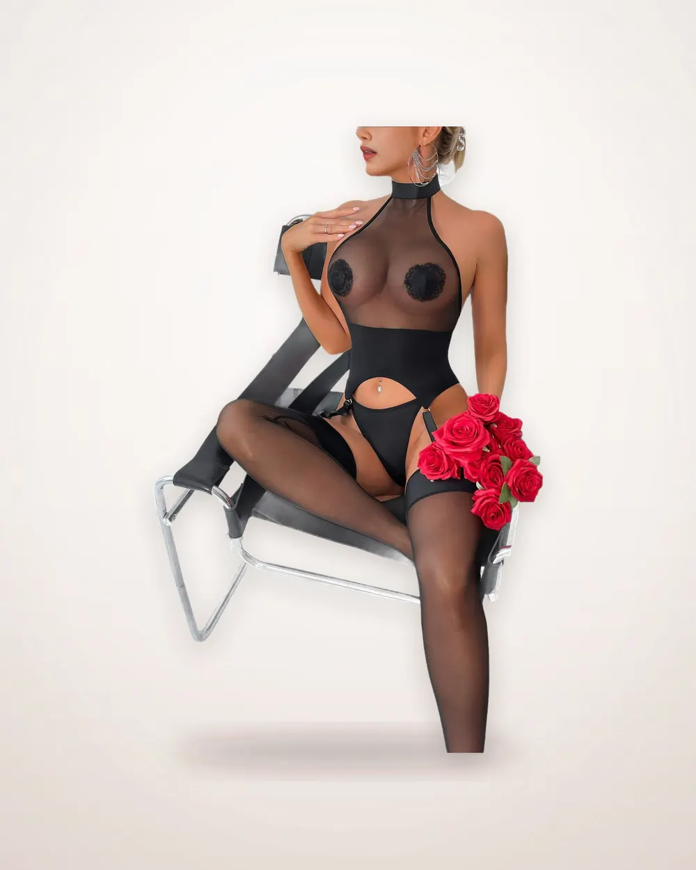 Black Lace Mesh Bodysuit with Stockings