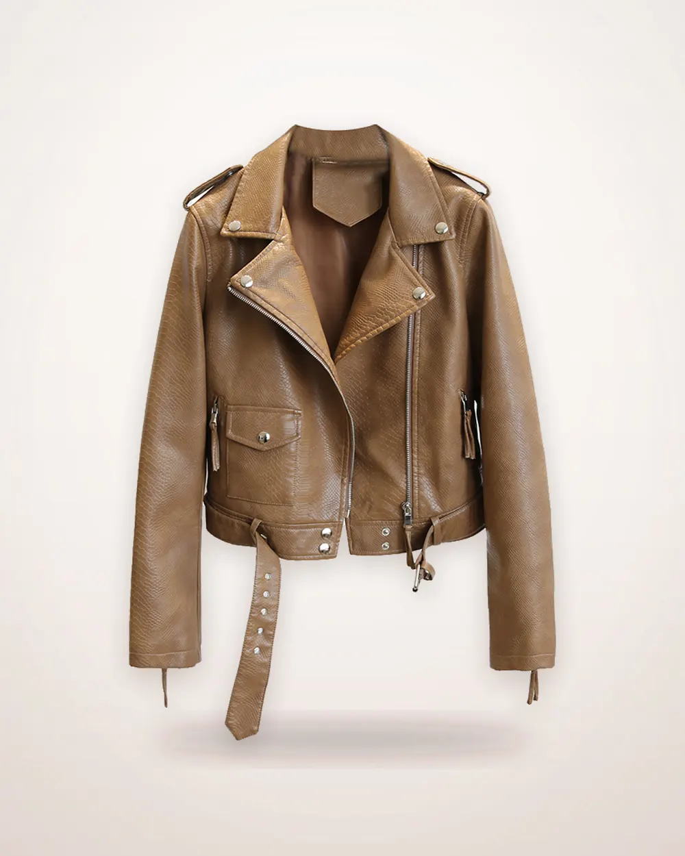 Short Belted Faux Leather Jacket