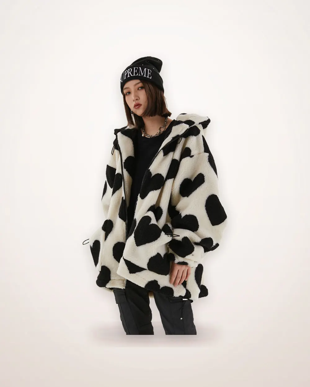 Heart Print Hooded Zip Jacket