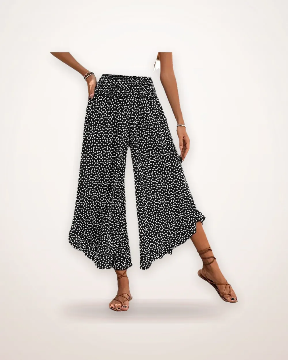 Polka-Dot Smocked Wide-Leg Trousers