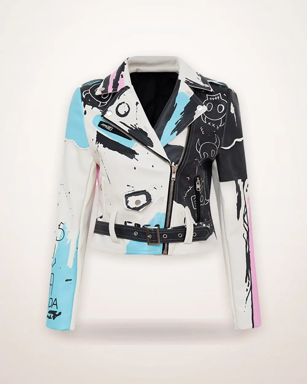 Graffiti Print Rivet Faux Leather Jacket