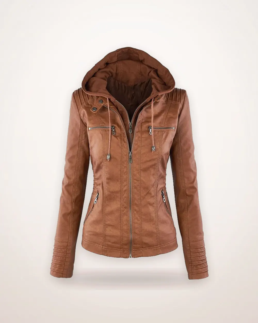 Detachable Hood Faux Leather Zip Jacket
