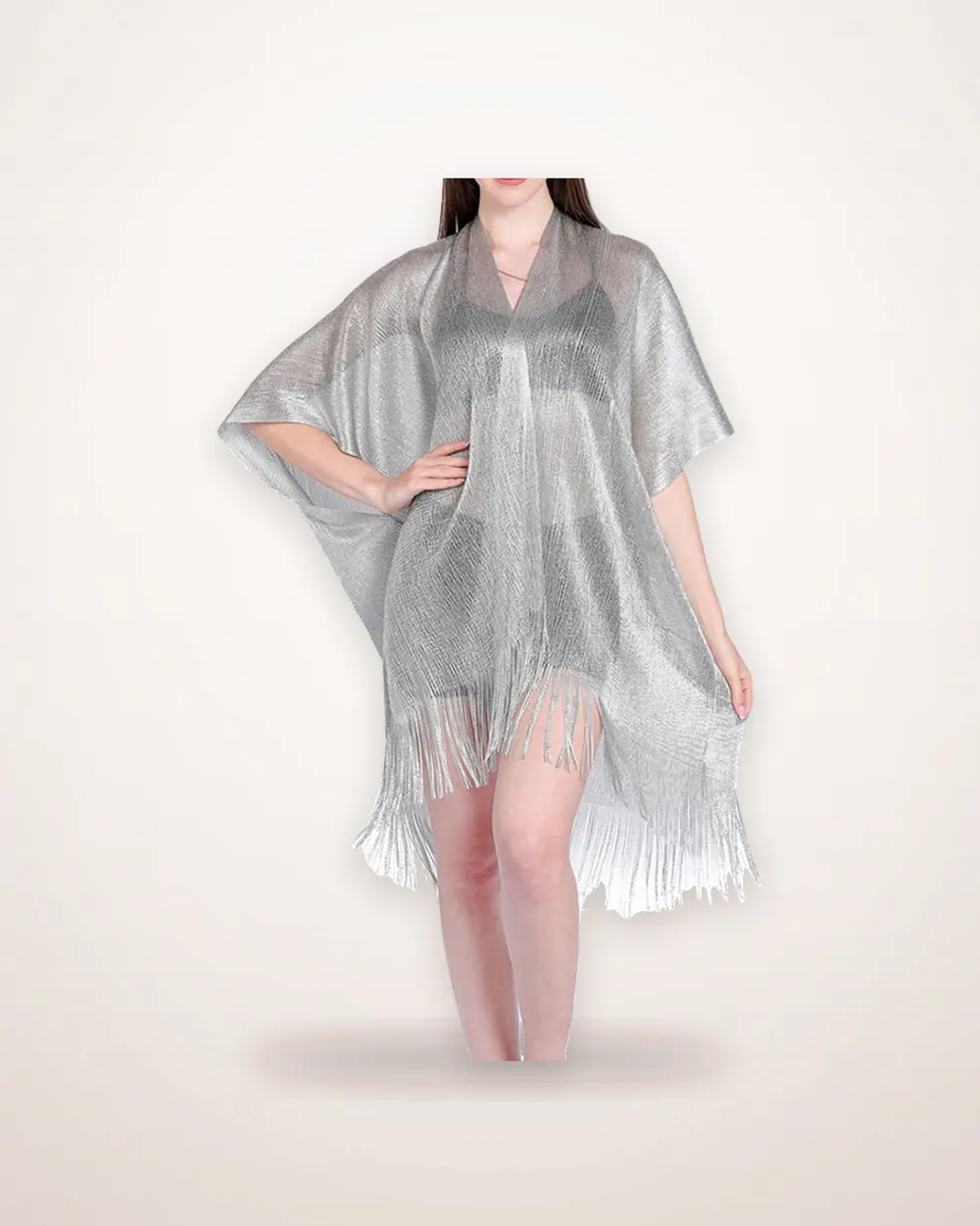 Tassel-Trim Sheer Mesh Beach Cover-Up