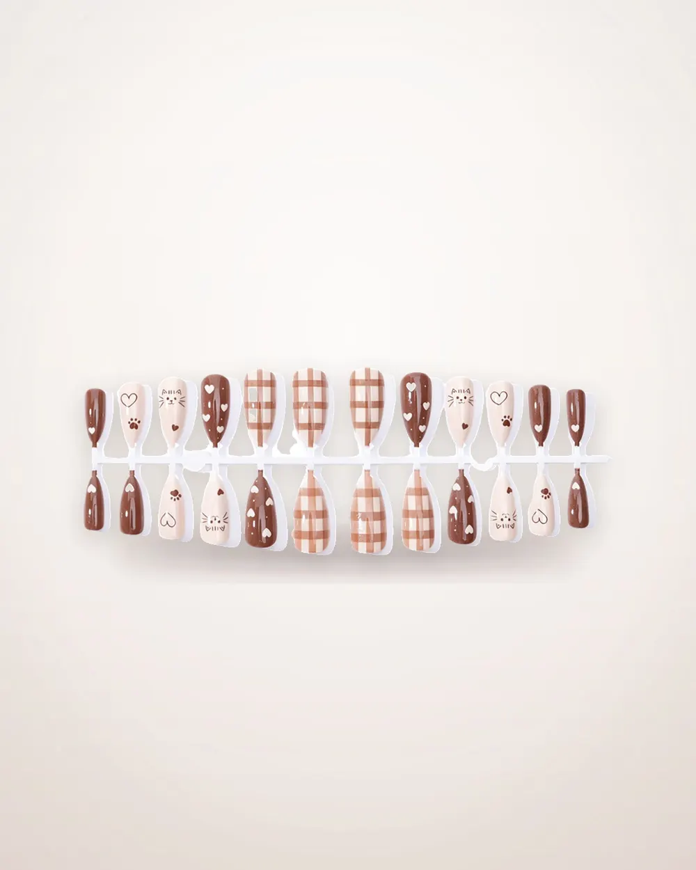 Brown Plaid Cat and Heart Press-On Nails