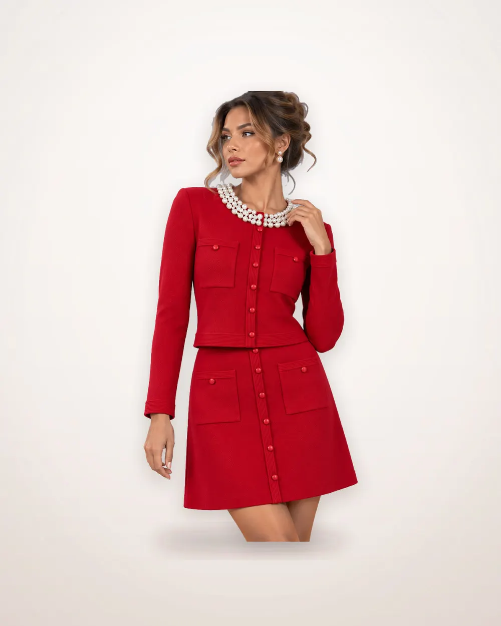 Pearl-Collar Knit Two-Piece Dress Set