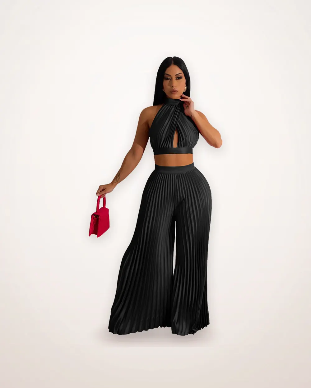 Two-Piece Pleated Halter Wide-Leg Set