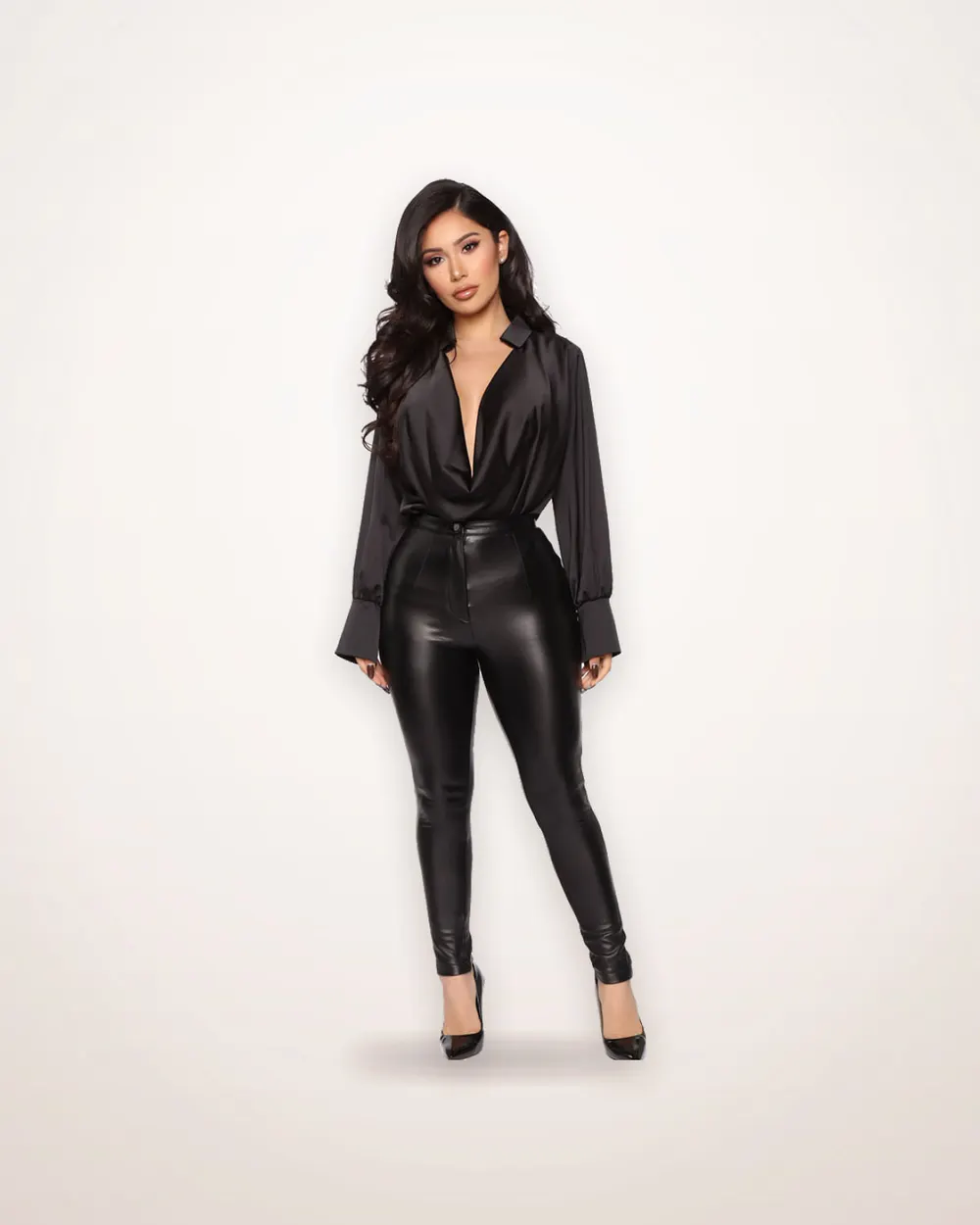 Deep V-Neck Satin Long-Sleeve Top