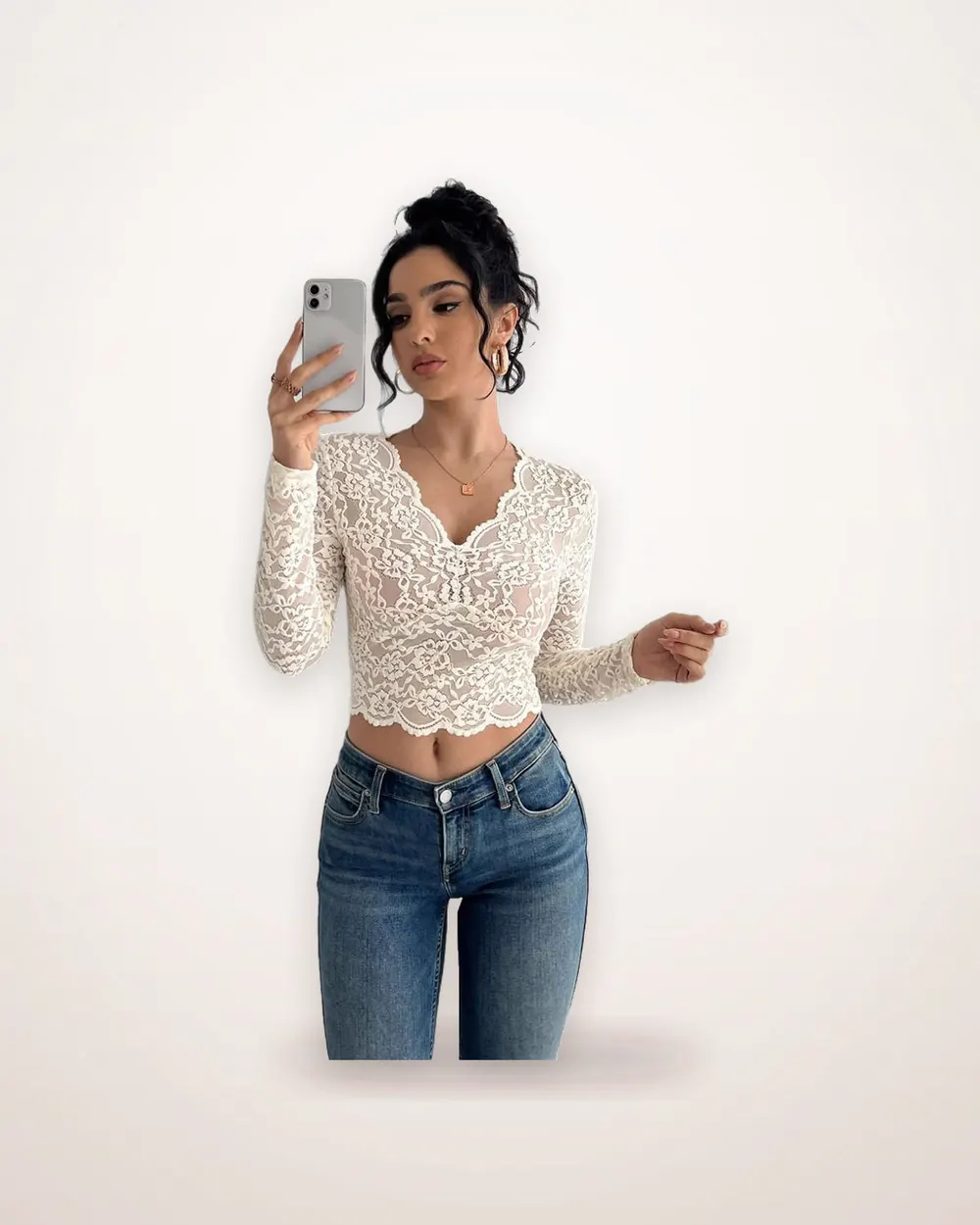 Lace V-Neck Long Sleeve Top