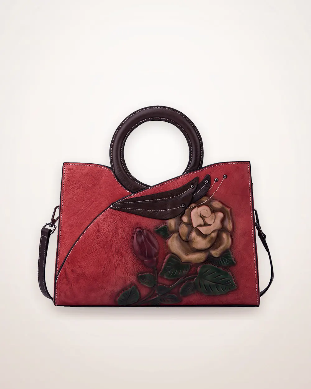 Two-Tone Leather Handbag with Floral Detail