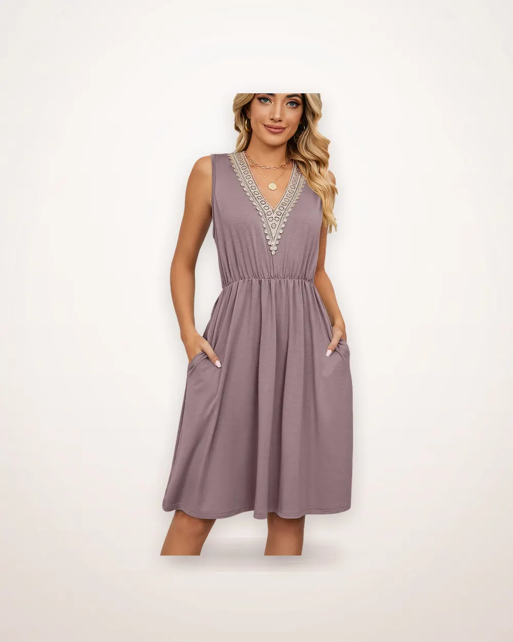 Lace Panel V-Neck A-Line Dress with Pockets