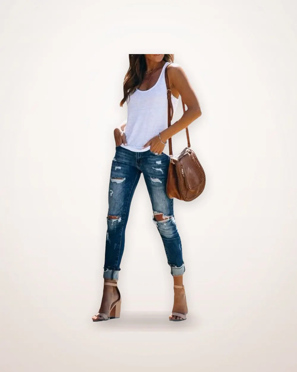 High-Waisted Ripped Slim Jeans