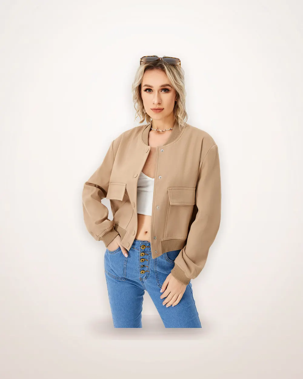 Cropped Snap-Front Bomber Jacket
