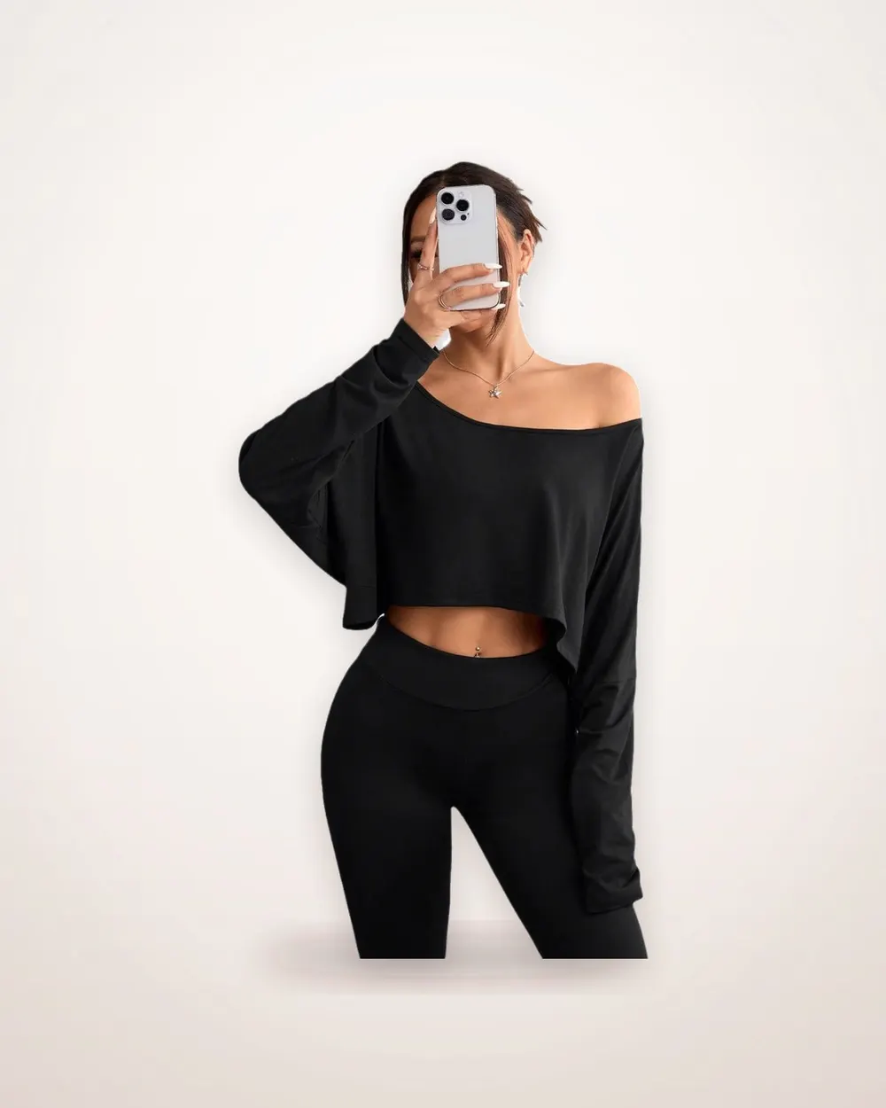 Shoulder-Cutout Long Batwing Cropped Top