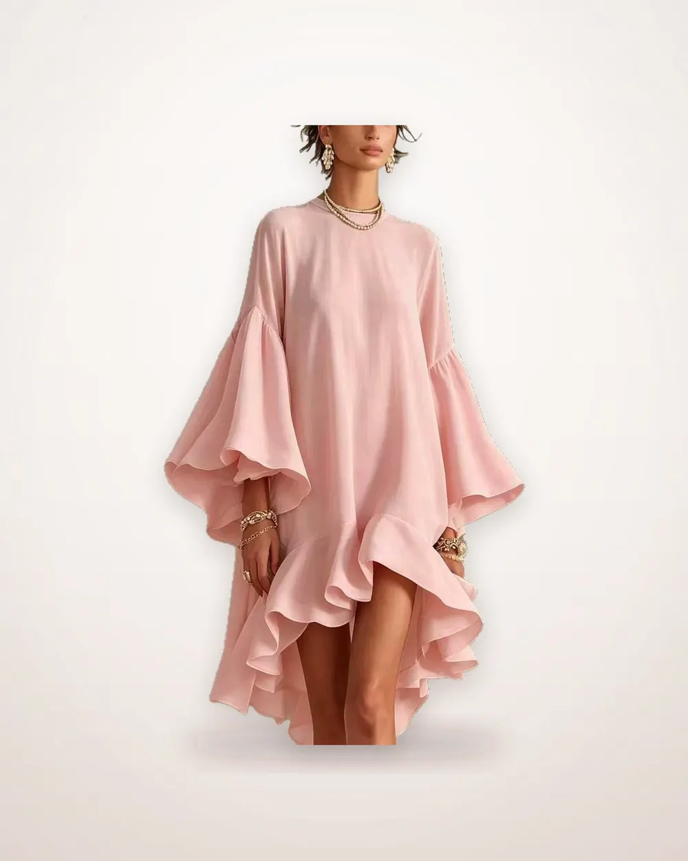 Asymmetrical Bell-Sleeve Ruffle Dress