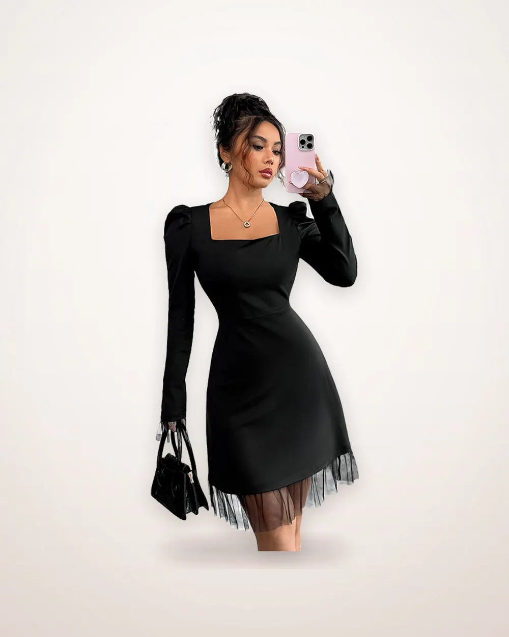 Square-Neck Puff-Sleeve Mesh A-Line Dress