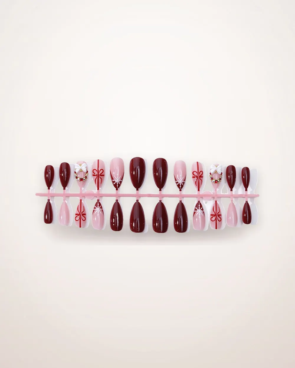 Red Ombre Almond Press-On Nails with Bow