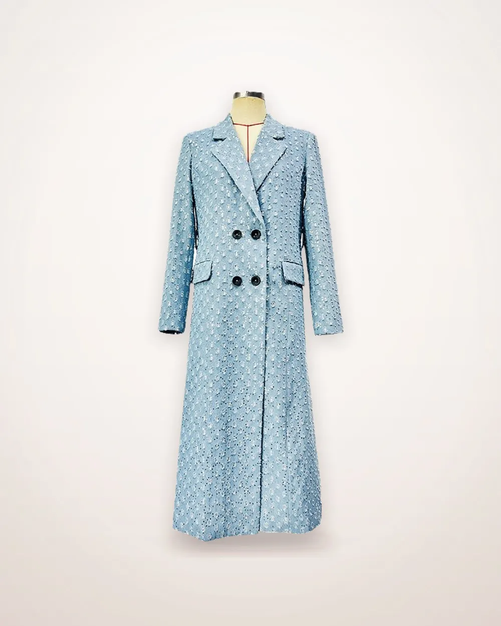 Light Blue Tweed Belted Long Coat