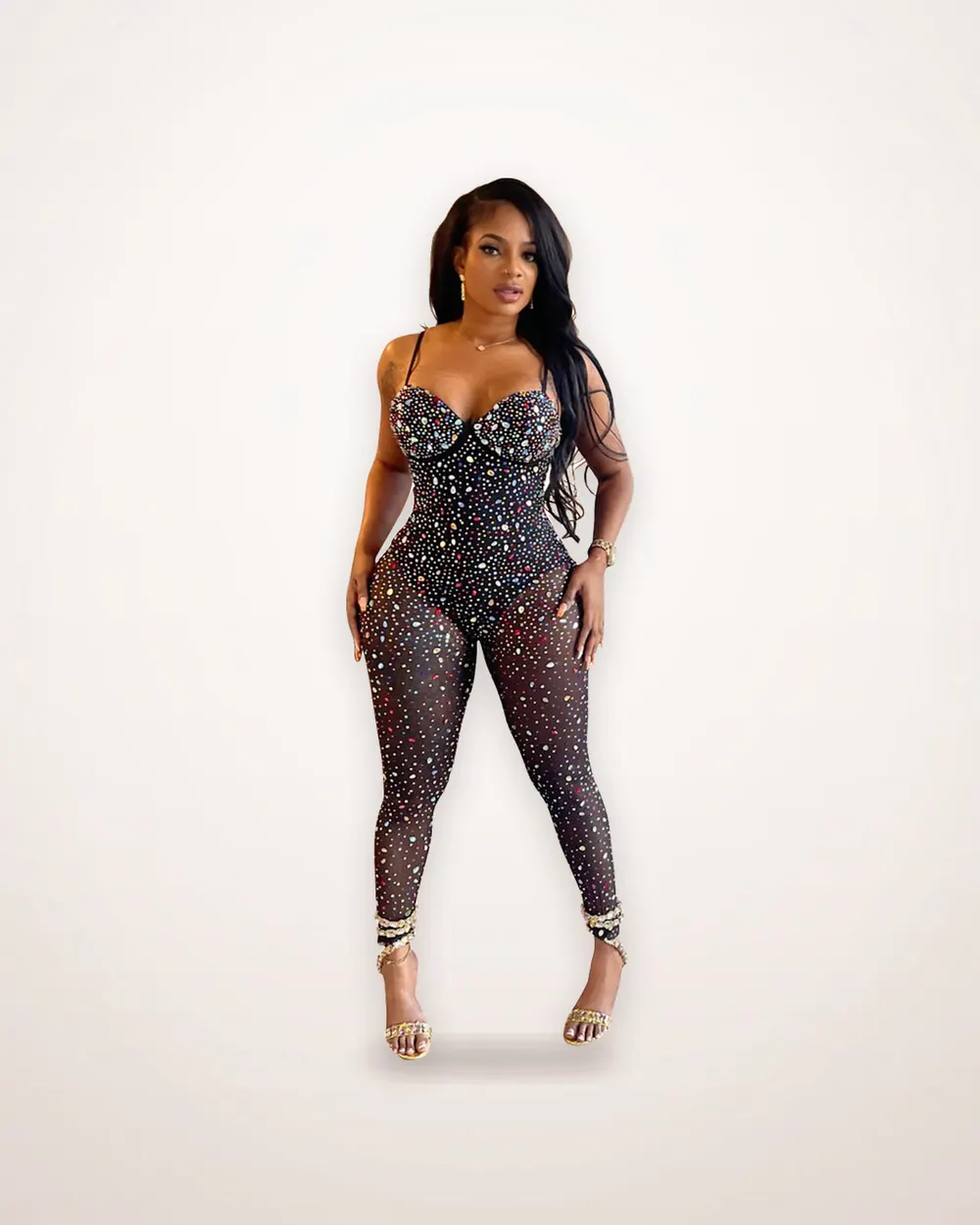 Mesh Rhinestone Sleeveless Jumpsuit